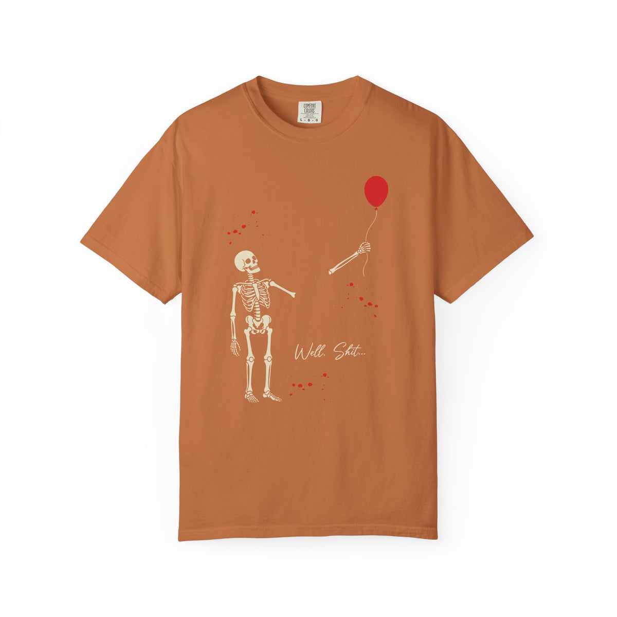 Skeleton & Red Balloon T‑Shirt — 'Well Shit' Vintage Garment‑Dyed Tee