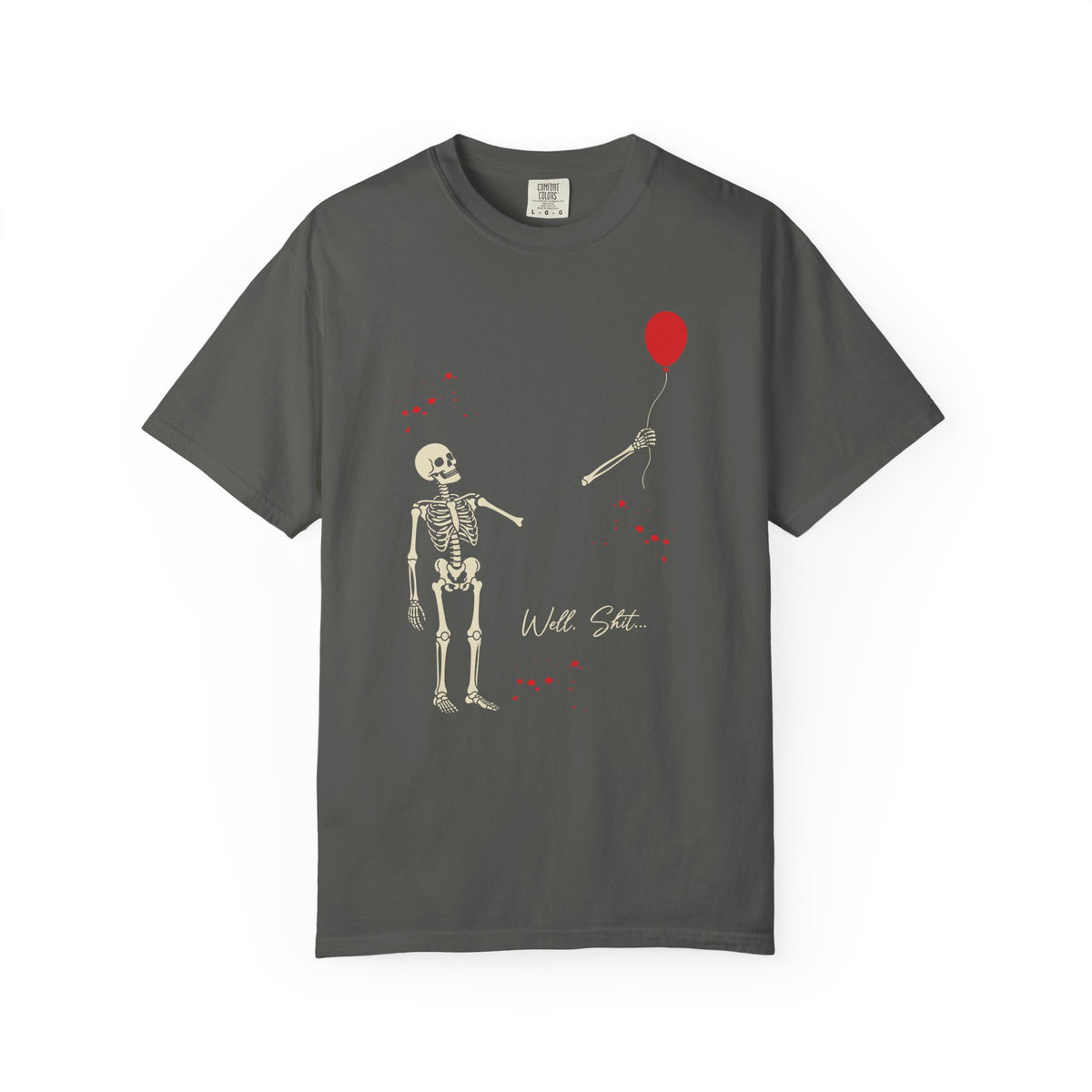 Skeleton & Red Balloon T‑Shirt — 'Well Shit' Vintage Garment‑Dyed Tee