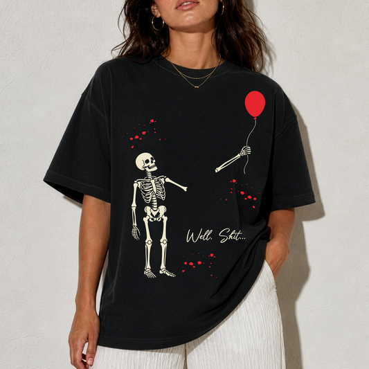 Skeleton & Red Balloon T‑Shirt — 'Well Shit' Vintage Garment‑Dyed Tee